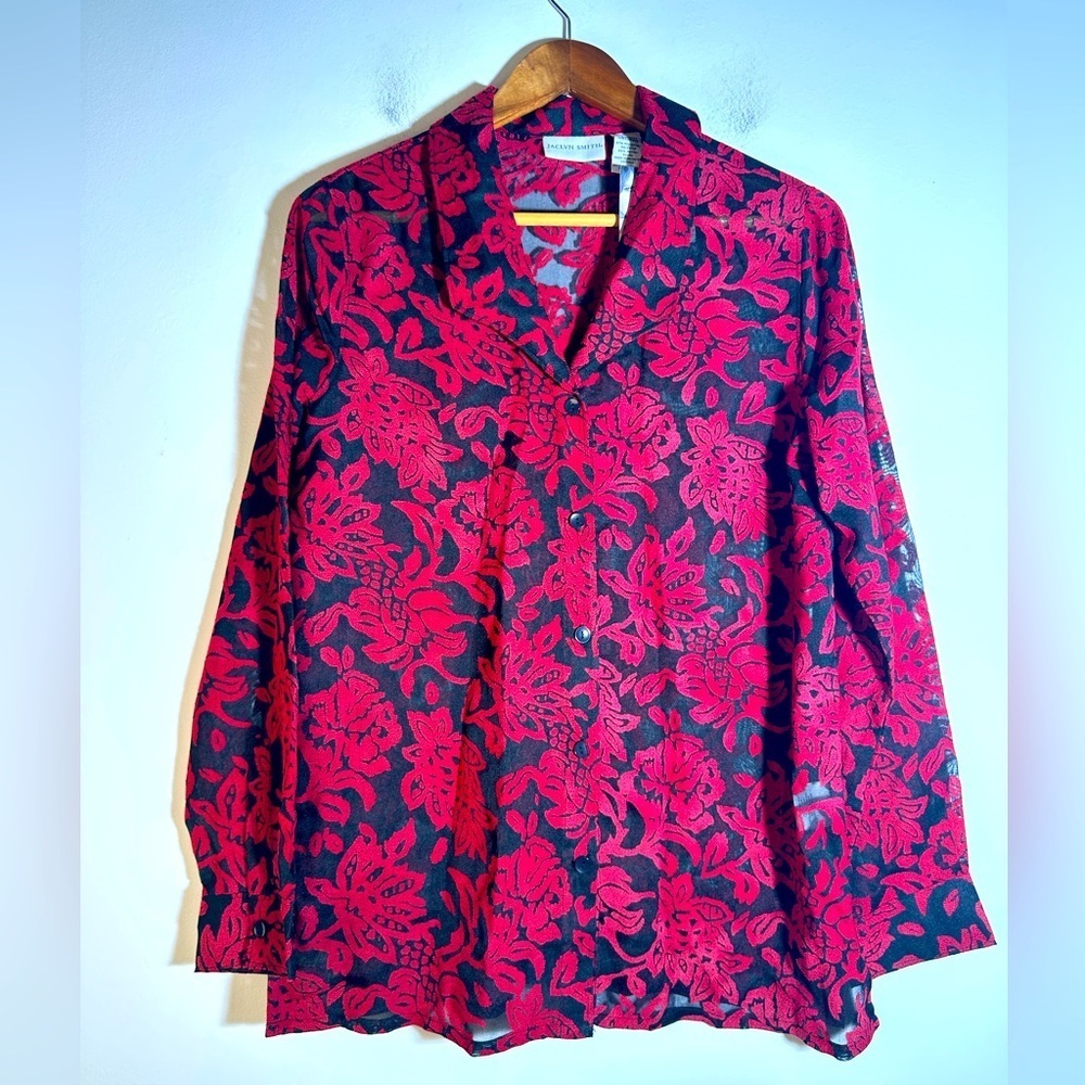 Jaclyn Smith Sheer Black and Red Patterned Blouse NWT